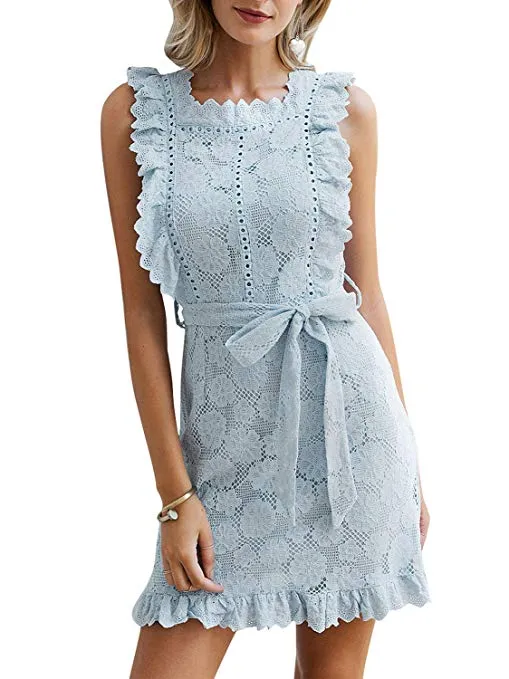 Women's Elegant Lace Ruffle Mini Dress Sleevesless Cotton A-line Dress