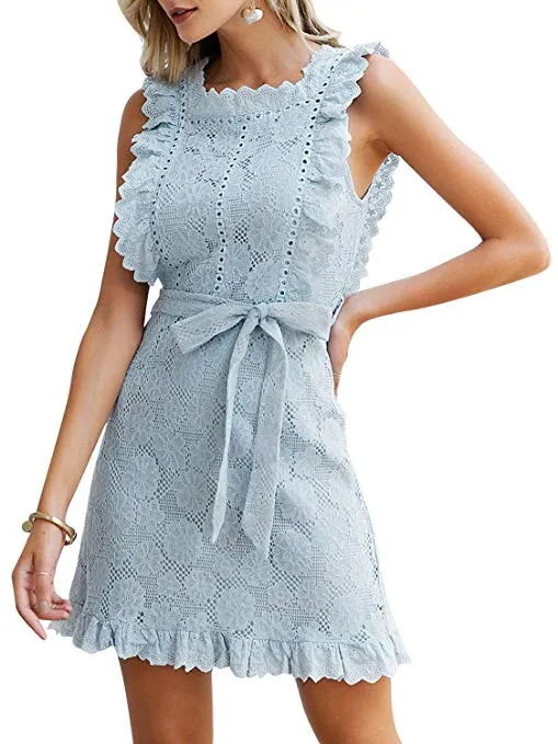 Women's Elegant Lace Ruffle Mini Dress Sleevesless Cotton A-line Dress