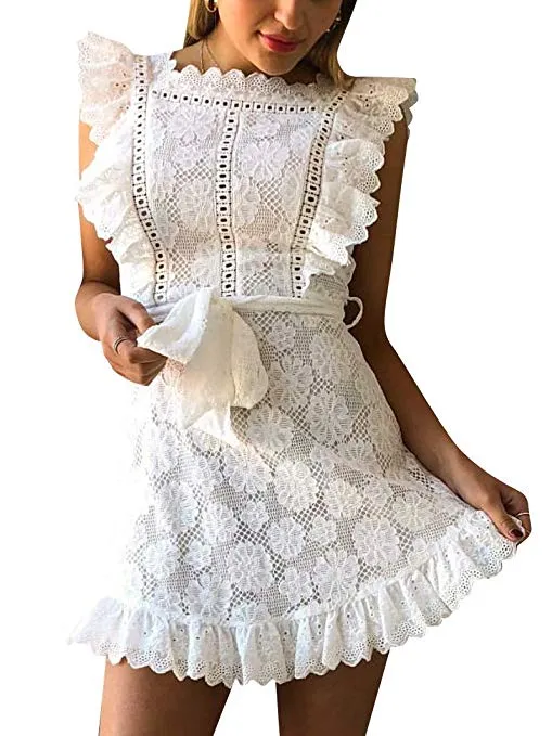 Women's Elegant Lace Ruffle Mini Dress Sleevesless Cotton A-line Dress