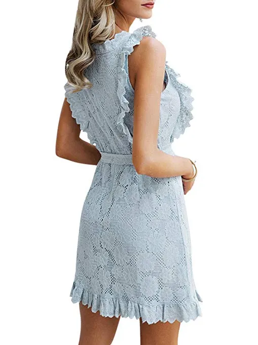 Women's Elegant Lace Ruffle Mini Dress Sleevesless Cotton A-line Dress