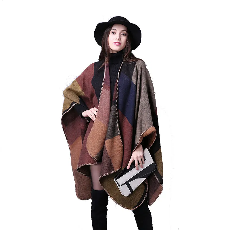 Women's plaid blanket shawl wrap winter versatile cloak oversized cardigan sweater