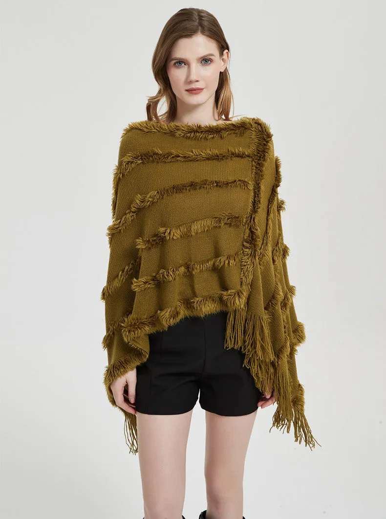 Women's V-neck solid color knitting plush European and American shawl in spring, autumn and winter