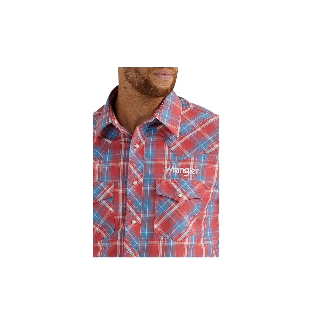 Wrangler Men's Western Logo Plaid Button Down Red Shirt