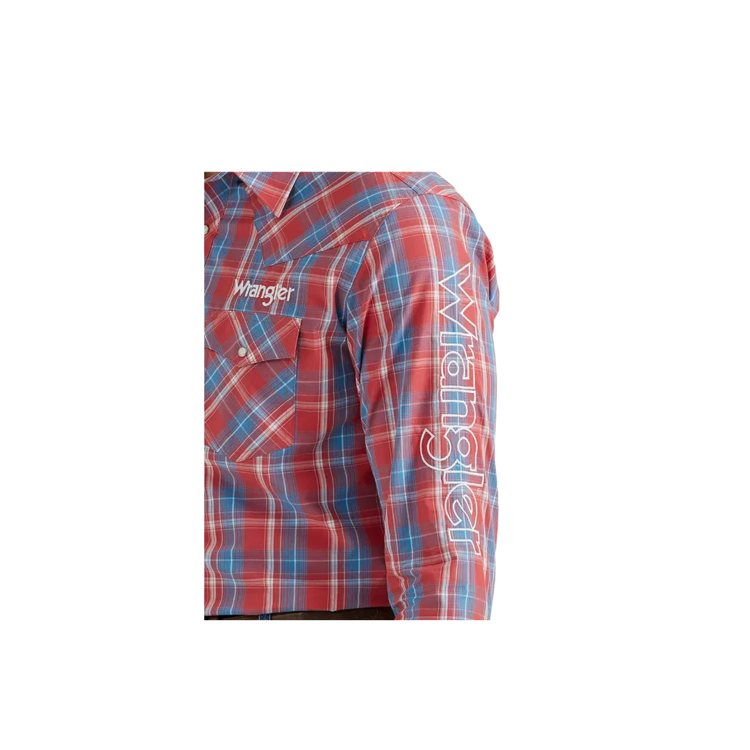 Wrangler Men's Western Logo Plaid Button Down Red Shirt