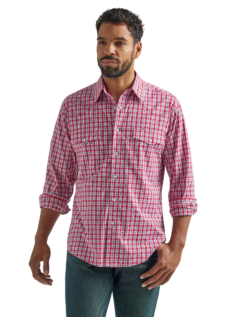 Wrangler Men's Wrinkle Resist Long Sleeve Western Snap Plaid Red Shirt